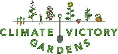 logo, climate victory gardens with shovel and growing vegetables
