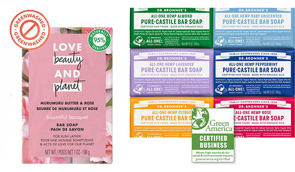 hand soap from love beauty and planet and Dr Bronners