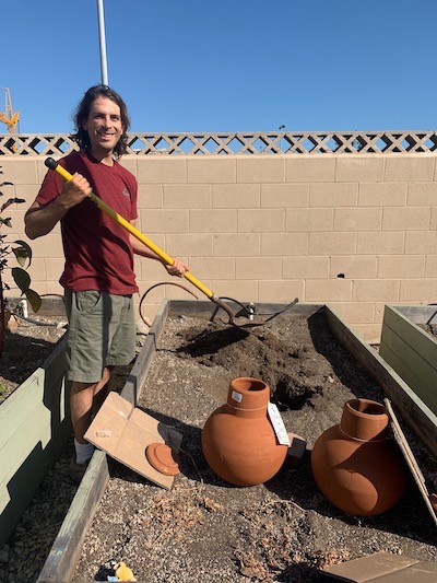 man with ollas, terracotta pots to water the garden in drought