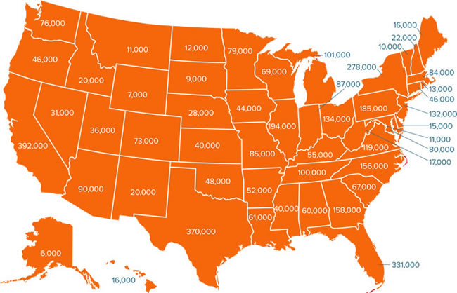 Map of United States showing how the overtime rule would have affected workers by state