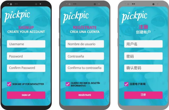 three side-by-side images of the same app but translated in english, spanish, and mandarin.