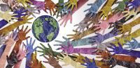Image: multi-colored, paper hands around a globe. Topic: About Green America