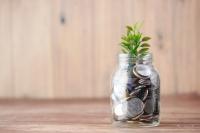 A clear jar full of coins with a small plant sprouting from thetop. Public Banking.