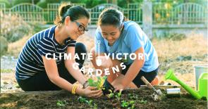 Image: Two young women planting a Climate Victory Garden. Title: 8,000 Gardens and Counting: Climate Victory Gardens in the US Triple Since Last Spring