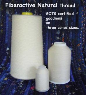 Fiberactive Natural orgnic cotton thread is Tex 30 for lighter fabrics or knits, no coatings or colors.  500 yrd, 3000 yrd and 12000 yrd cones.