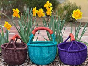 3 baskets photographed outside with daffodils. 