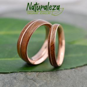 Recycled Rose Gold and Bourbon Barrel Wood Wedding Band Set