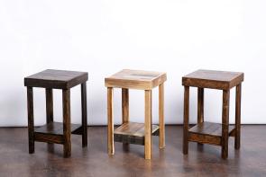 Reclaimed wood end tables with bottom shelves in three different stain options 