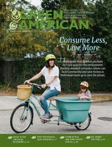 Consume less cover, mother biking on street with child in the back