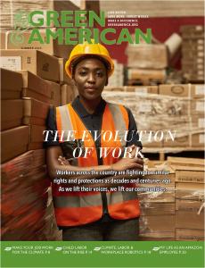 Evolution of work Green American magazine cover. A Black woman warehouse worker wearing a hard hat and an orange vest is standing with her arms crossed looking at the camera.