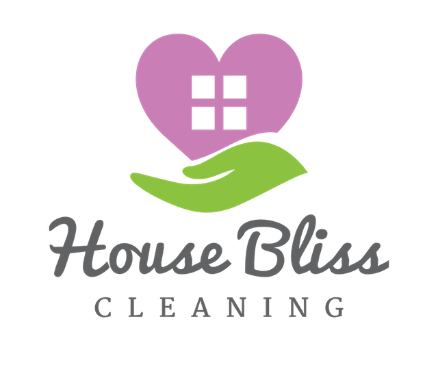 House Bliss Cleaning company logo display a green hand like symbol holding a purple heart looking house