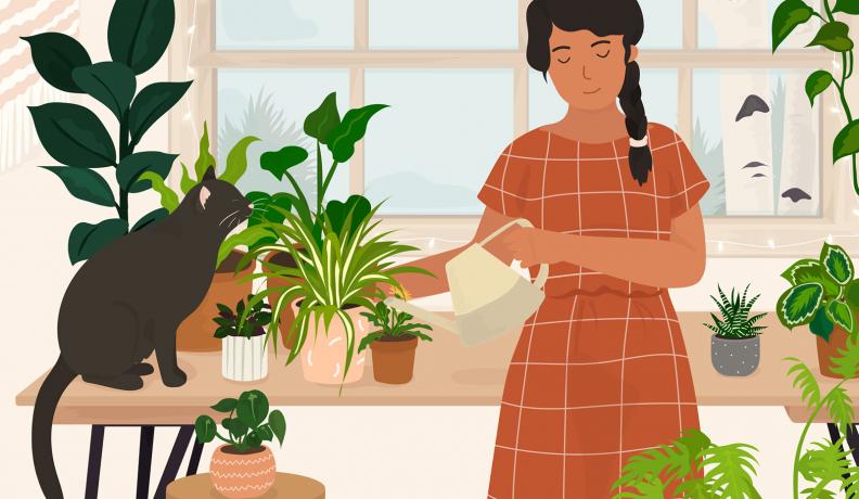 Image: cartoon woman watering plants. Topic: Plants that Clean the Air