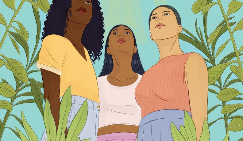 three women looking towards the sun illustration. by Stephanie Singleton