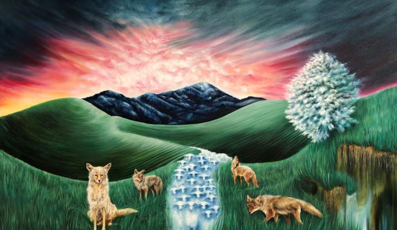 Painting of four coyotes around a river of sheep in rolling green hills and a washed red sunset. 