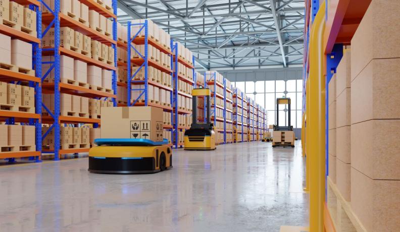 artist rendering of Amazon's Pegasus robots. Three are driving around a concrete floor warehouse, between tall shelves of boxes. They are mostly yellow in color with blue accents.