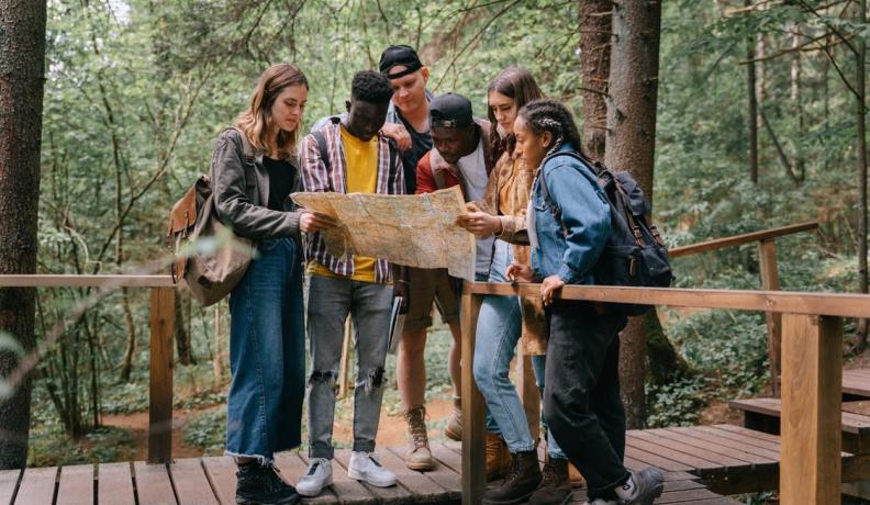 a group of young people on a walking bridge in the woods looking at a map together.