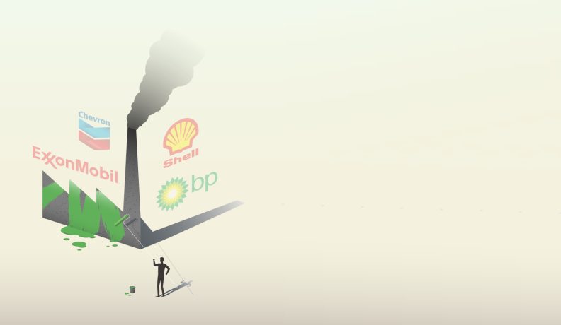 illustration of a person painting a grey chimney with smoke green. The logos of Chevron, Exxon Mobil, Shell, and BP are faded in the background.