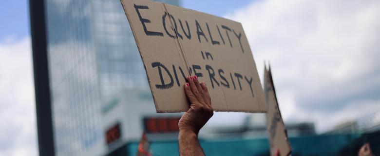 A hand holding a cardboard sign reading: "Equality in Diversity"
