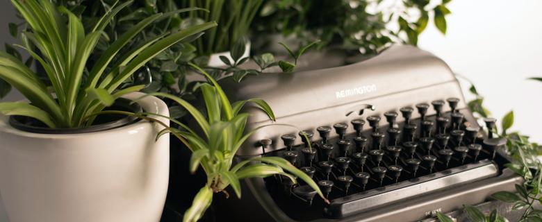 A typewriter surrounded by plants; words are often a key element of greenwashing.