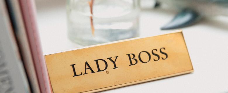 A gold plaque that reads "LADY BOSS" sits on a white shelf. To the left of the plaque are some books, behind the plaque is a plant in a clear, glass jug with a shark figure beside the jug. Women Business Owners.