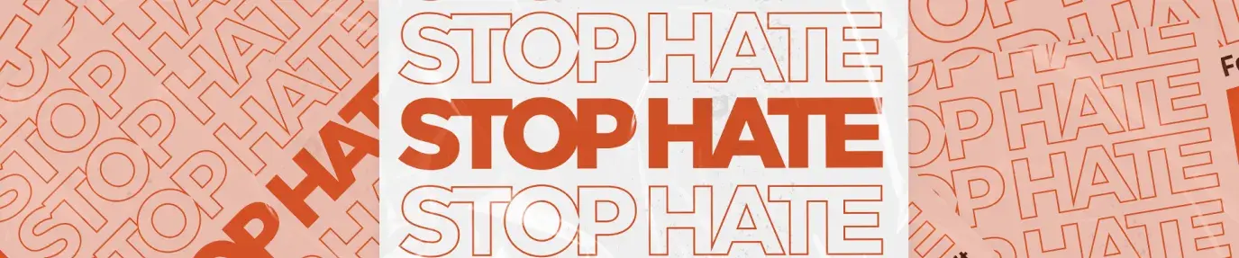 Stop hate written in all caps in orange and white, stacked on top of each other like the Thank You plastic bags. 
