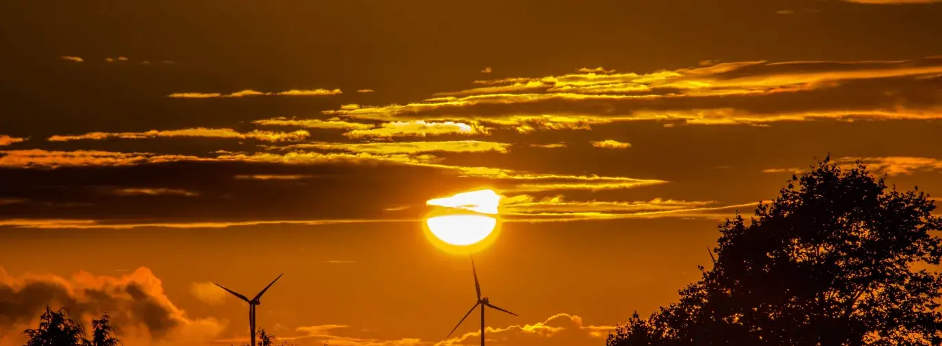Image: sun setting over windmills. Article: Dark Cloud Looms Over Amazon’s Innovation Challenge