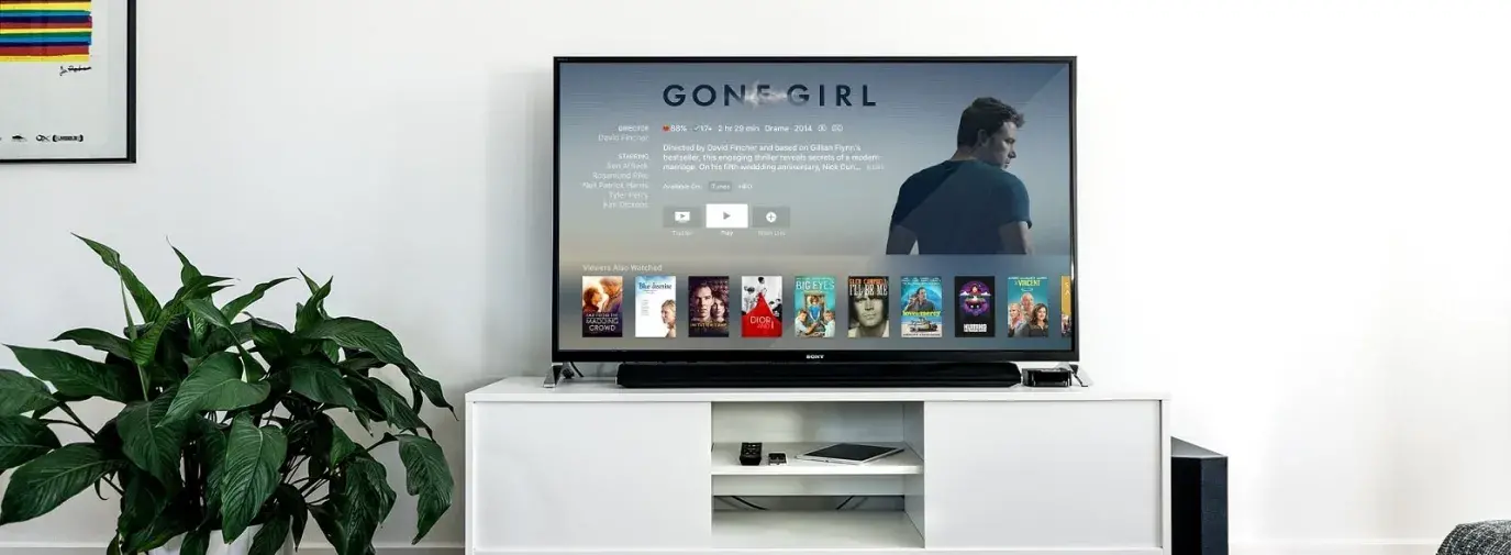 Image: television in living room with "Gone Girl" on screen. Topic: Energy Efficient TV: Green and Climate-Friendly Televisions 