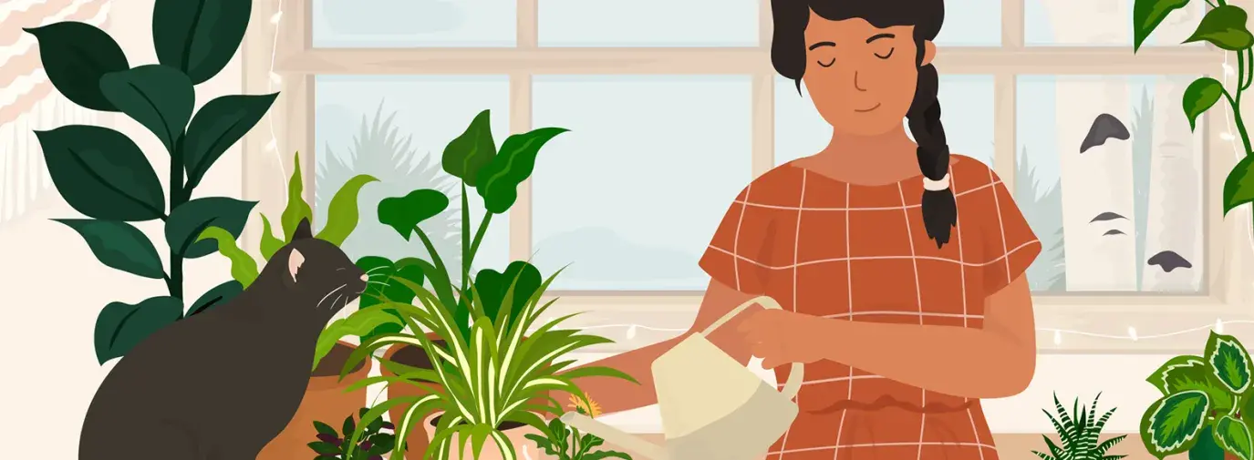 Image: cartoon woman watering plants. Topic: Plants that Clean the Air