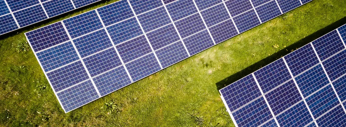 Image: overhead view of solar panels. Topic: Could the World be Powered Fully by Renewable Sources?
