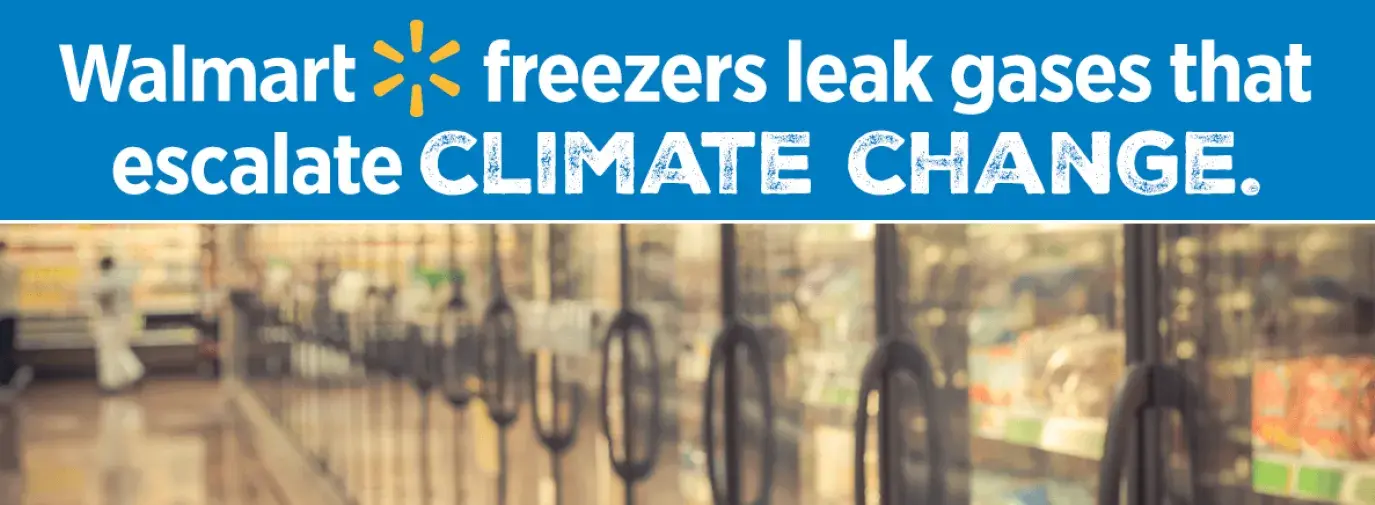 Image of supermarket coolers. Text: Walmart freezers leak gases that escalate climate change. Tell them to cool it!