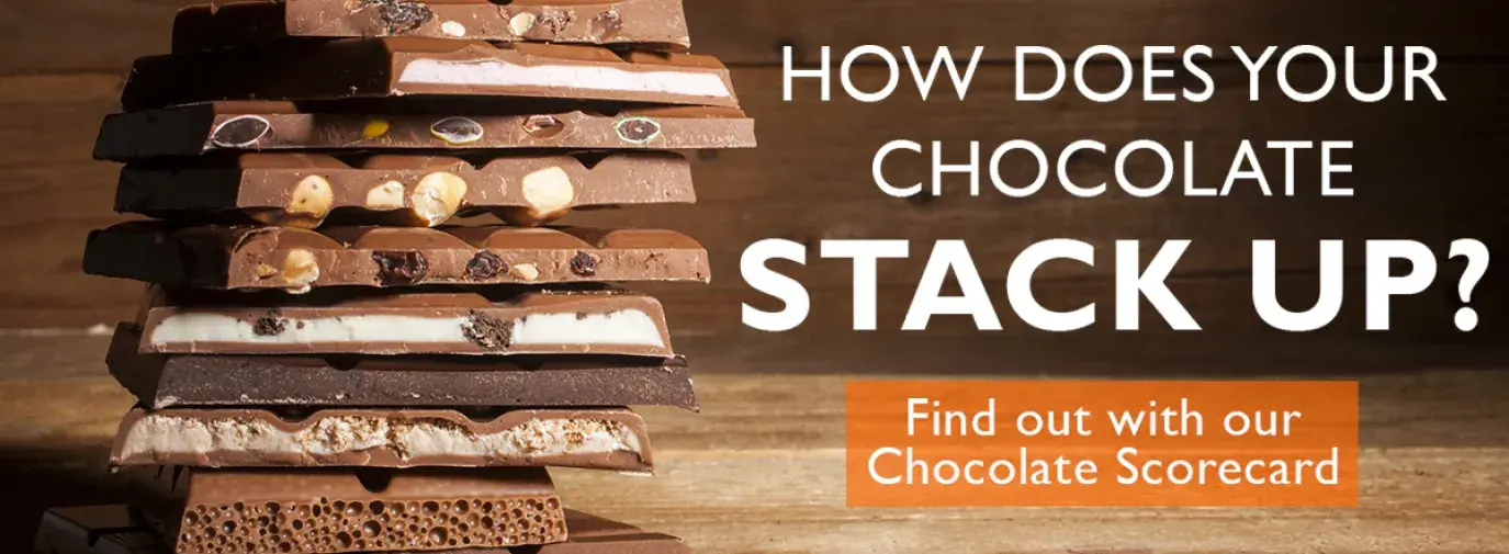 Image: stack of chocolate bars with text: How does your chocolate stack up on child labor? Find out with our Chocolate Scorecard