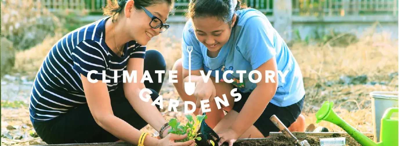 Image: Two young women planting a Climate Victory Garden. Title: 8,000 Gardens and Counting: Climate Victory Gardens in the US Triple Since Last Spring