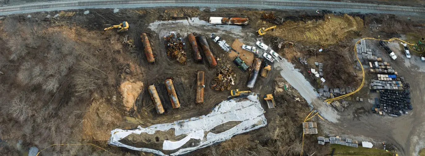 Drone image of the Norfolk Southern train derailment cleanup in East Palestine, Ohio.