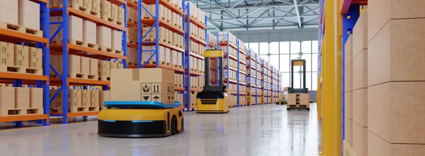 artist rendering of Amazon's Pegasus robots. Three are driving around a concrete floor warehouse, between tall shelves of boxes. They are mostly yellow in color with blue accents.