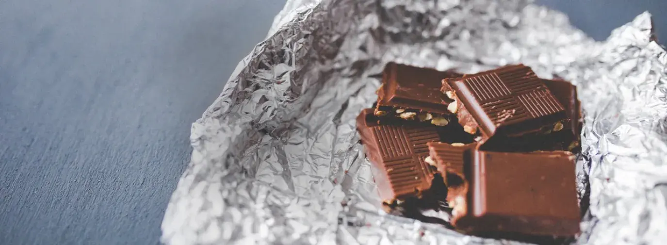 Image: chocolate bar on tinfoil. Topic: How Does Green America's Chocolate Scorecard Work?