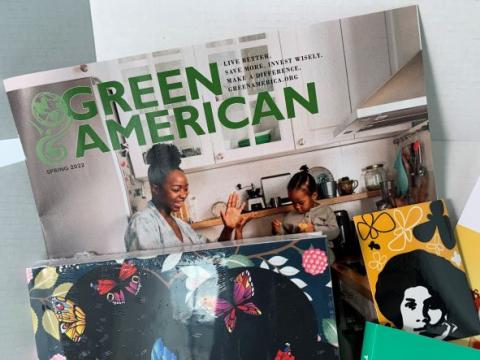 Sample Get the Bag subscriber boxes; including the Green American magazine as a green economy resource.