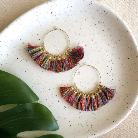 Gold hoop earrings with rainbow tassels. Fair Trade Gift Guide.