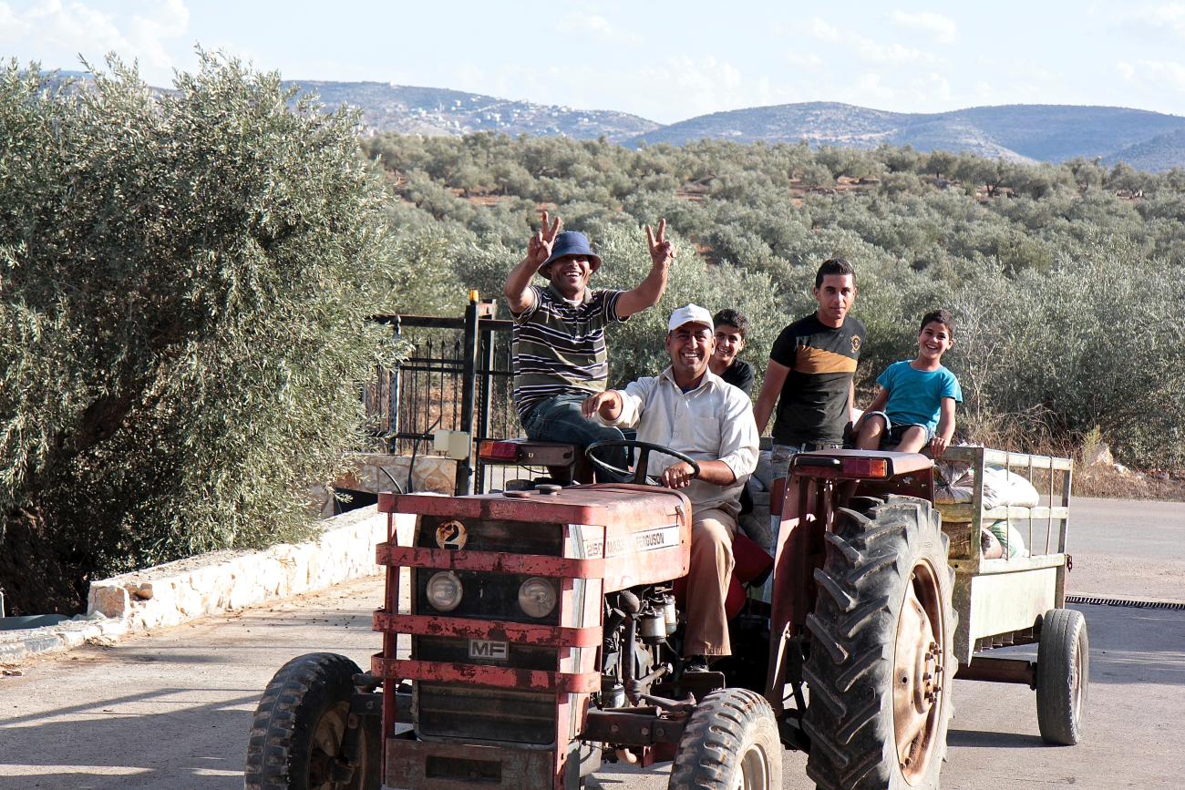Five Local Palestinian farmers, who work with Canaan Palestine, ranging in age, driving and riding on a small tractor.