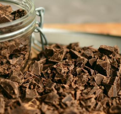 Image: jar of chocolate shavings. Topic: End child labor in cocoa.