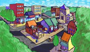 Image: illustration of small town. Title: 16 Green Businesses You Need in Your Life
