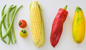 Image: beans, tomatoes, corn, peppers, and squash. Title: How To Eat Organic Food on a Budget