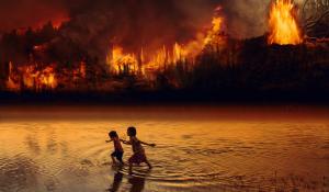 children in front of forest fire
