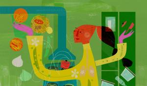 illustration of person cooking and dancing in the kitchen