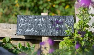 A sign in a garden that reads: "As I work on the garden, the garden works on me." Mental Health.