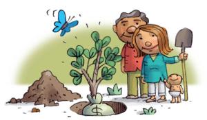 illustration of a couple looking at the money tree they planted.