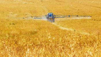 tractor spraying chemicals in yellow field
