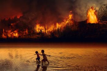 Image: children wading through a river, with a forest fire in the background. Title: The Tragedy in the Amazon: What We Can Do 
